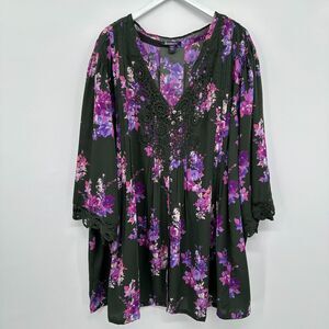 Roamans Tunic Top Shirt Size‎ 42W Floral Pintuck 3/4 Sleeve Crochet New Blouse